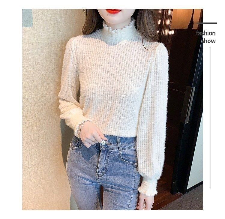 Long-Sleeve Mock Top Plain Lace Neck