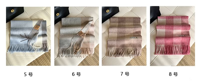 Lettering Applique Wool Plaid Fringed Scarf
