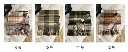 Lettering Applique Wool Plaid Fringed Scarf