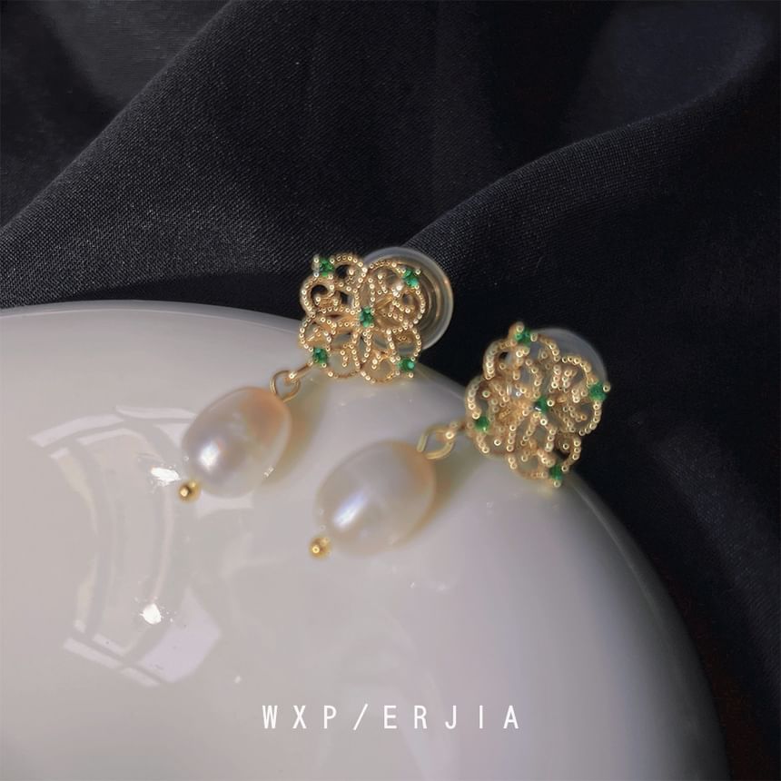 Pearl Floral Drop Rhinestone Clip-On Earring Faux