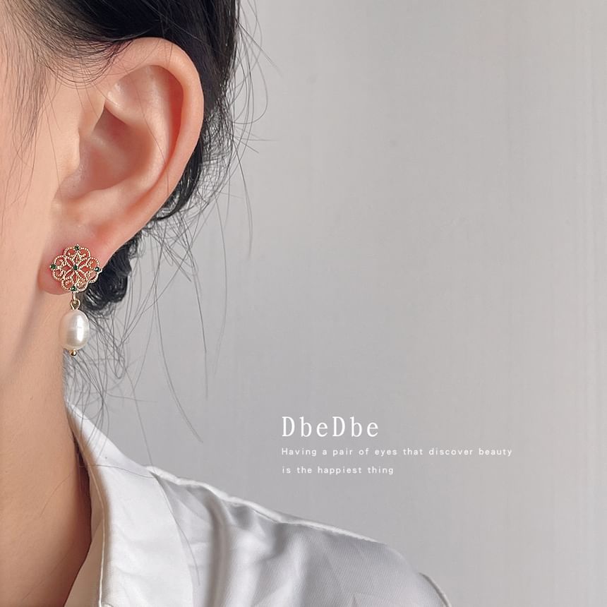 Pearl Floral Drop Rhinestone Clip-On Earring Faux