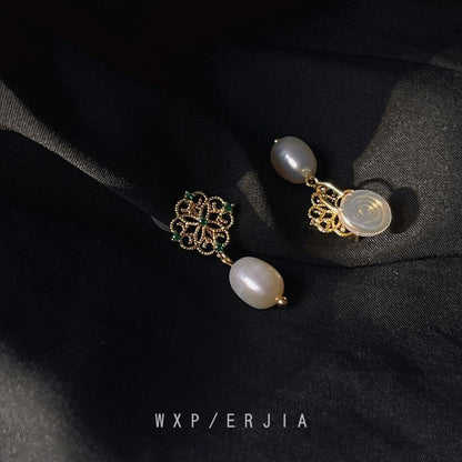 Pearl Floral Drop Rhinestone Clip-On Earring Faux