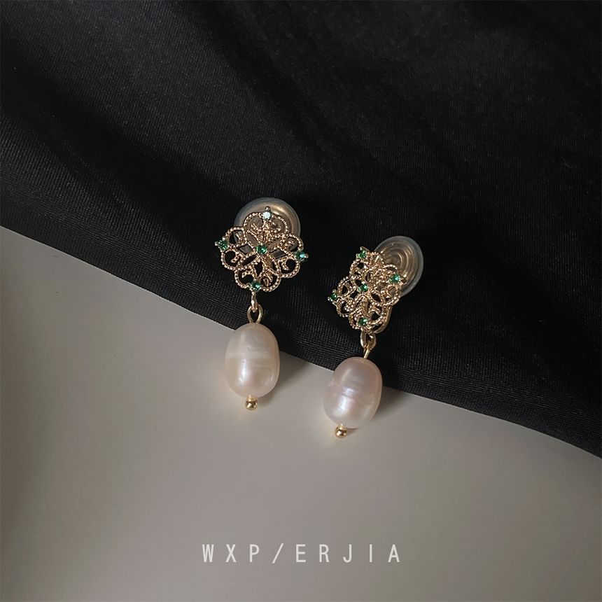 Pearl Floral Drop Rhinestone Clip-On Earring Faux