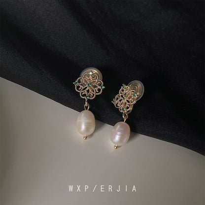 Pearl Floral Drop Rhinestone Clip-On Earring Faux