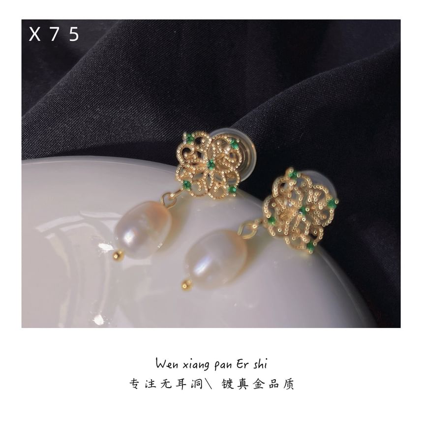 Pearl Floral Drop Rhinestone Clip-On Earring Faux