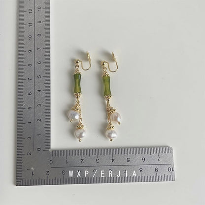 Earring Drop Pearl Clip-On Bamboo Faux