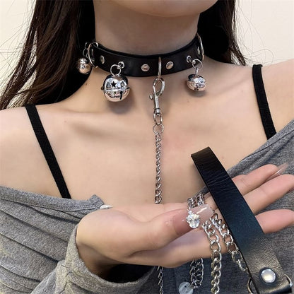 Leather / Bell Leash Faux Choker
