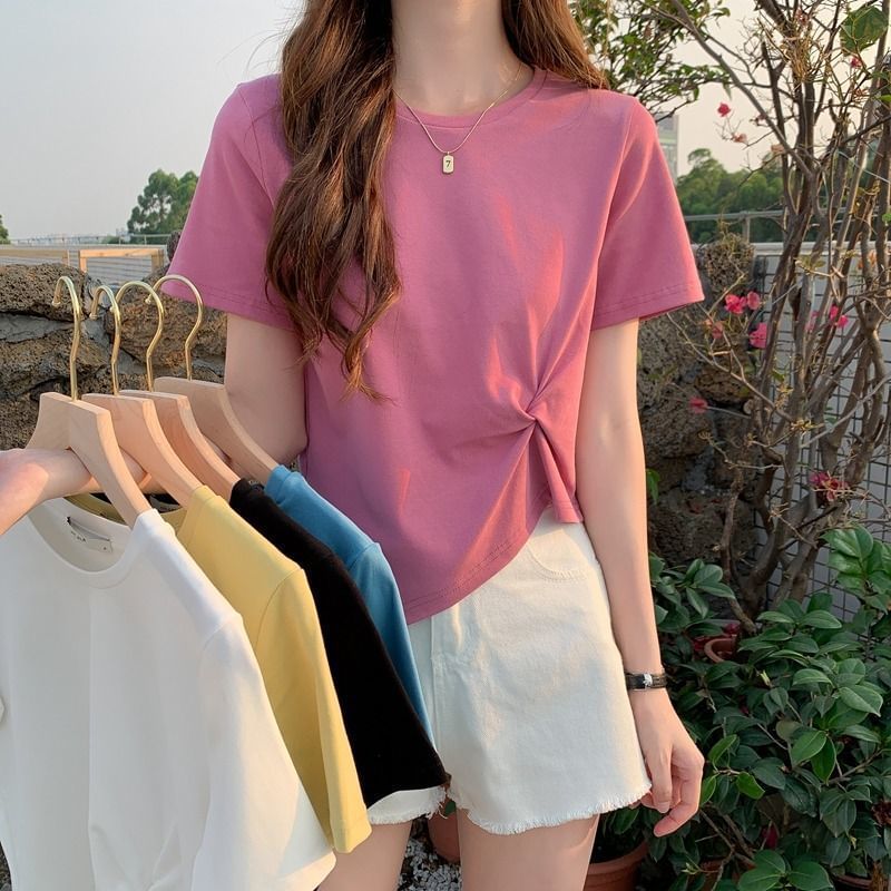 Plain Neck Crop Crew T-Shirt Asymmetrical Ruched Short-Sleeve