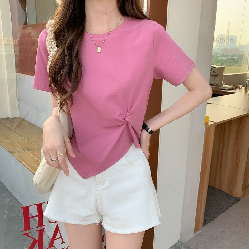 Plain Neck Crop Crew T-Shirt Asymmetrical Ruched Short-Sleeve