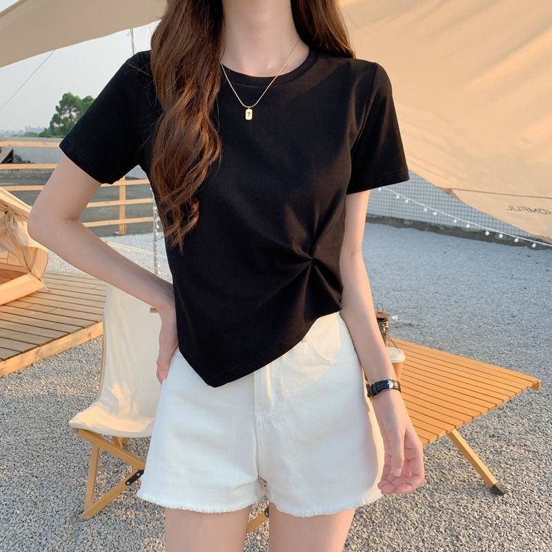 Plain Neck Crop Crew T-Shirt Asymmetrical Ruched Short-Sleeve