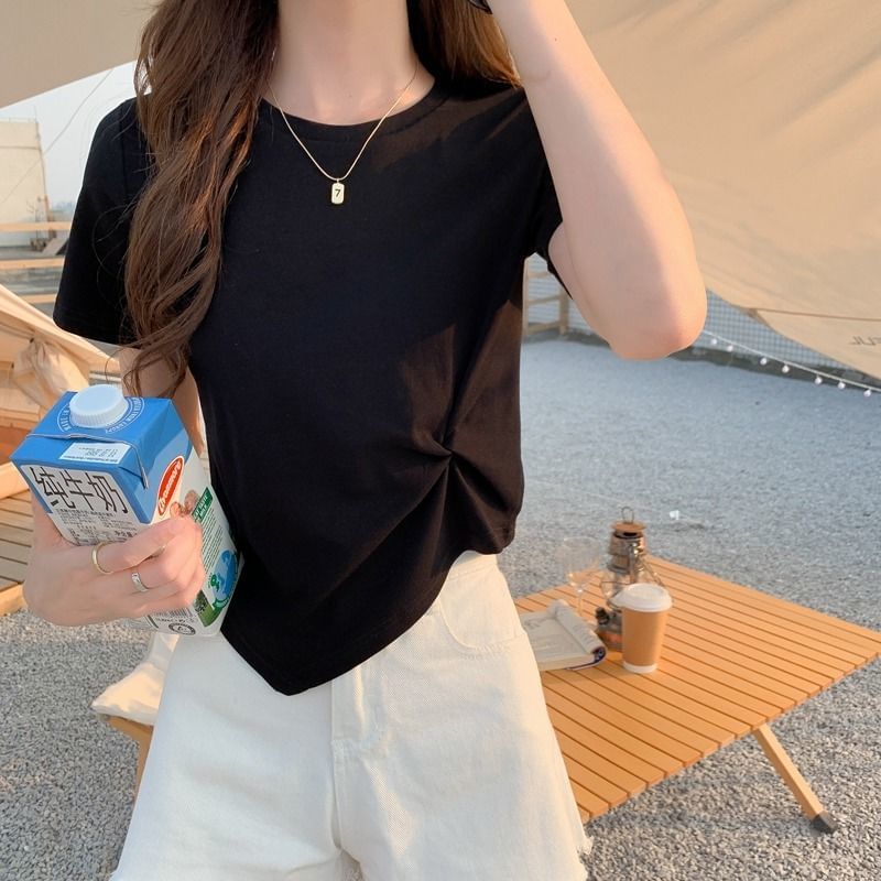 Plain Neck Crop Crew T-Shirt Asymmetrical Ruched Short-Sleeve