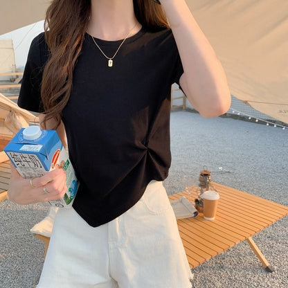 Plain Neck Crop Crew T-Shirt Asymmetrical Ruched Short-Sleeve