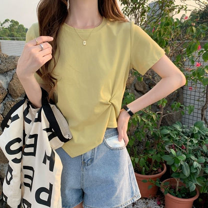 Plain Neck Crop Crew T-Shirt Asymmetrical Ruched Short-Sleeve