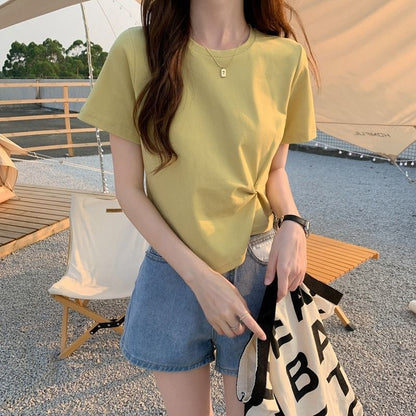 Plain Neck Crop Crew T-Shirt Asymmetrical Ruched Short-Sleeve