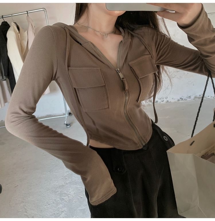 Hoodie Crop Plain Zip-Up Fit Slim
