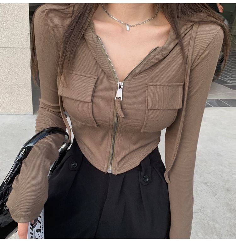 Hoodie Crop Plain Zip-Up Fit Slim