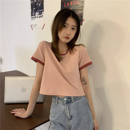 Crop Neck Short-Sleeve Contrast Trim Crew T-Shirt