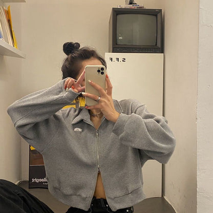 Zip-Up Applique Crop Collared Plain Waffle Jacket