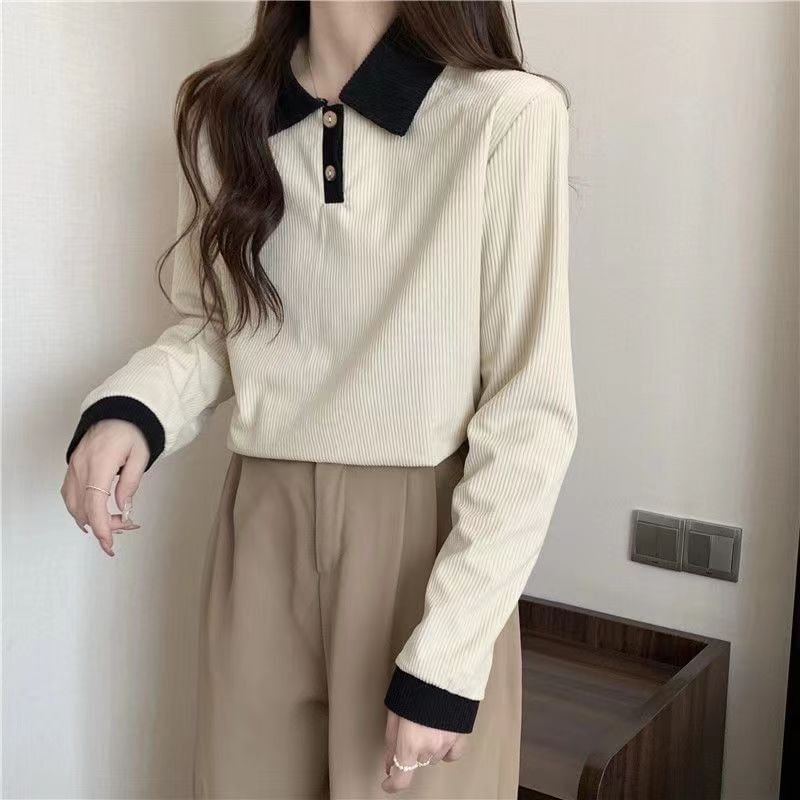 Shirt Ribbed Trim Polo Long-Sleeve Contrast