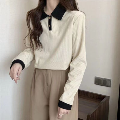Shirt Ribbed Trim Polo Long-Sleeve Contrast