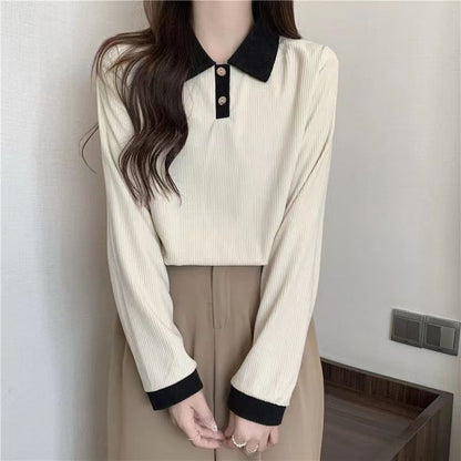 Shirt Ribbed Trim Polo Long-Sleeve Contrast