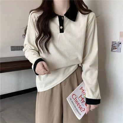 Shirt Ribbed Trim Polo Long-Sleeve Contrast