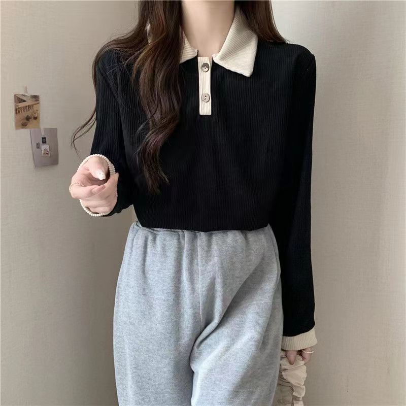 Shirt Ribbed Trim Polo Long-Sleeve Contrast