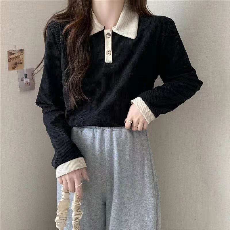 Shirt Ribbed Trim Polo Long-Sleeve Contrast