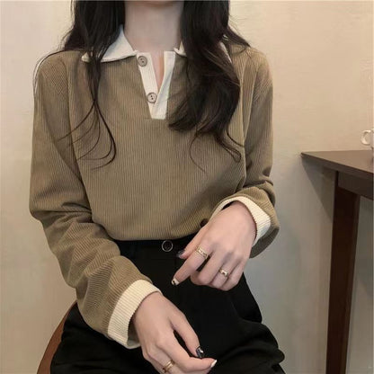 Shirt Ribbed Trim Polo Long-Sleeve Contrast