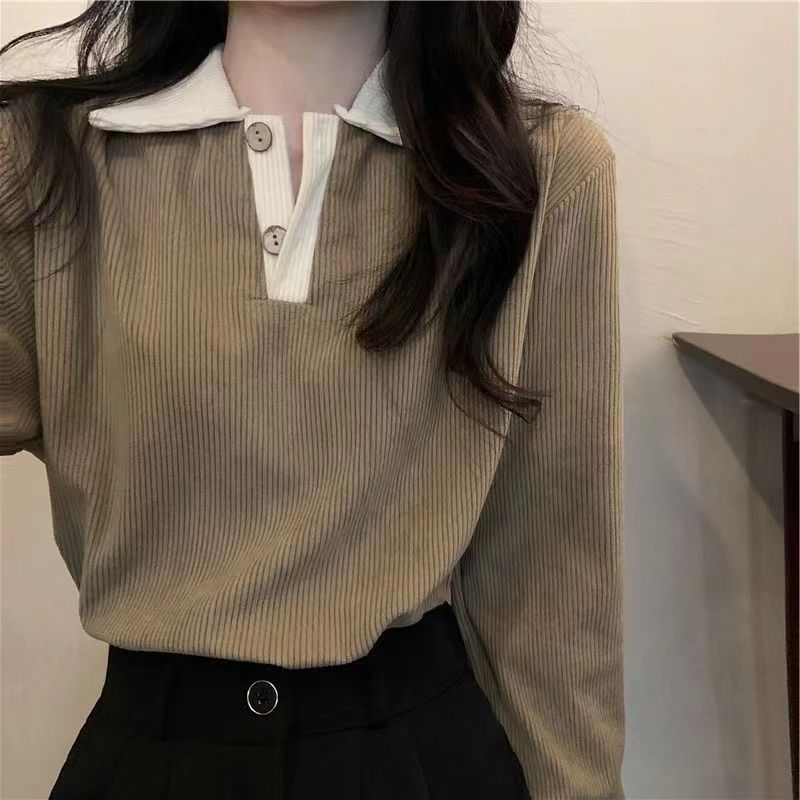 Shirt Ribbed Trim Polo Long-Sleeve Contrast
