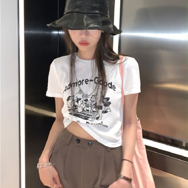Short-Sleeve Neck Print T-Shirt Crop Lettering Crew