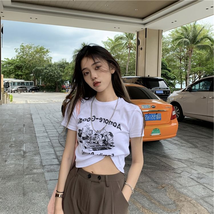 Short-Sleeve Neck Print T-Shirt Crop Lettering Crew