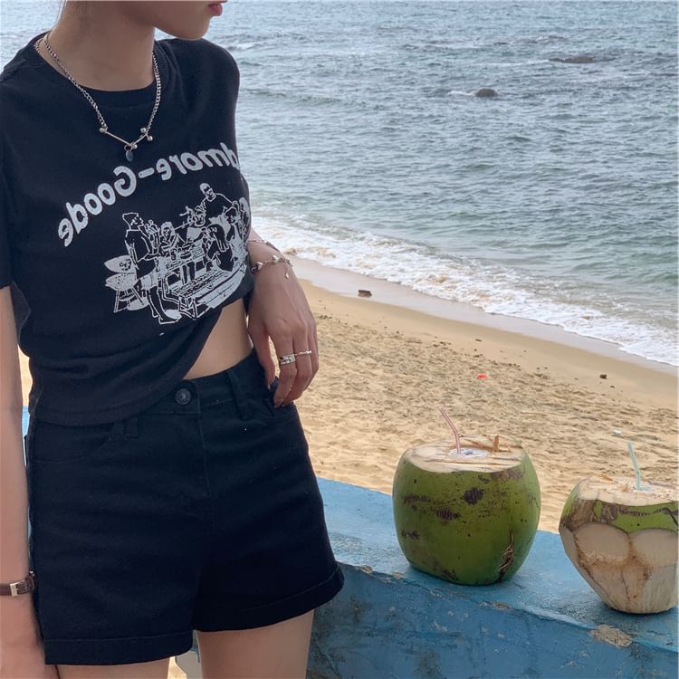 Short-Sleeve Neck Print T-Shirt Crop Lettering Crew