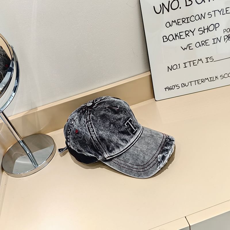 Distressed Lettering Washed Denim Baseball Cap