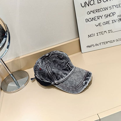Distressed Lettering Washed Denim Baseball Cap