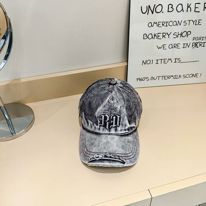 Distressed Lettering Washed Denim Baseball Cap