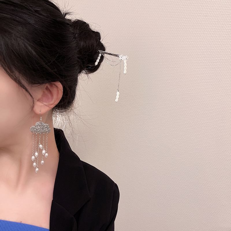 Pearl Hair Chandelier Stick Alloy Faux Earring Floral /