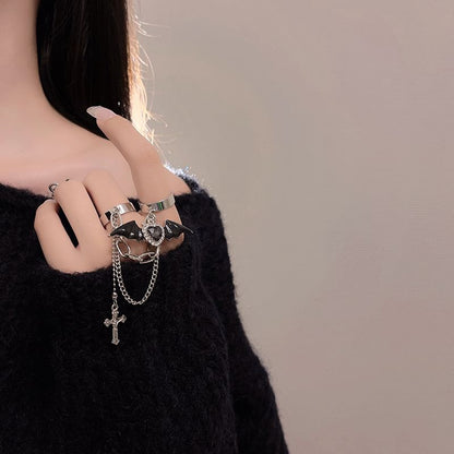 Cross Ring Heart Wing Double Bat Alloy