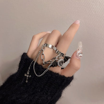 Cross Ring Heart Wing Double Bat Alloy