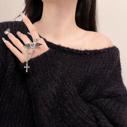 Cross Ring Heart Wing Double Bat Alloy