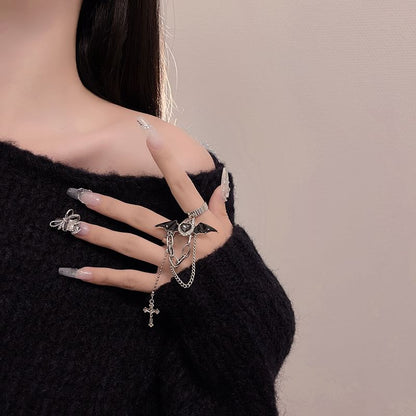 Cross Ring Heart Wing Double Bat Alloy