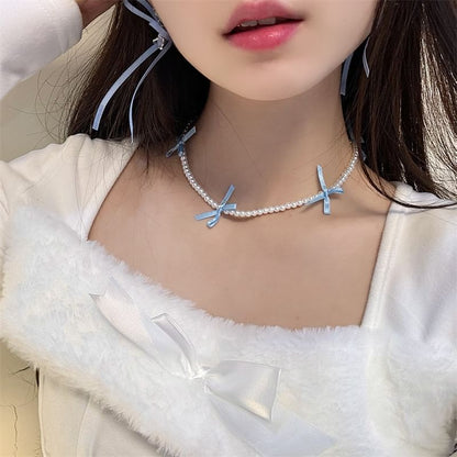 Pearl Ribbon Faux Choker