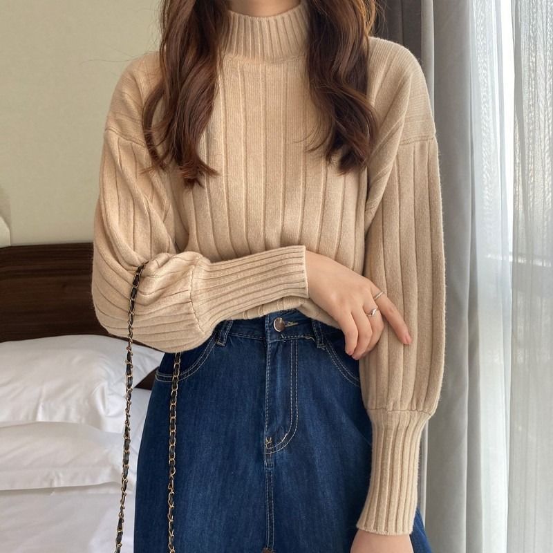 Sweater Plain Ribbed Mock Neck