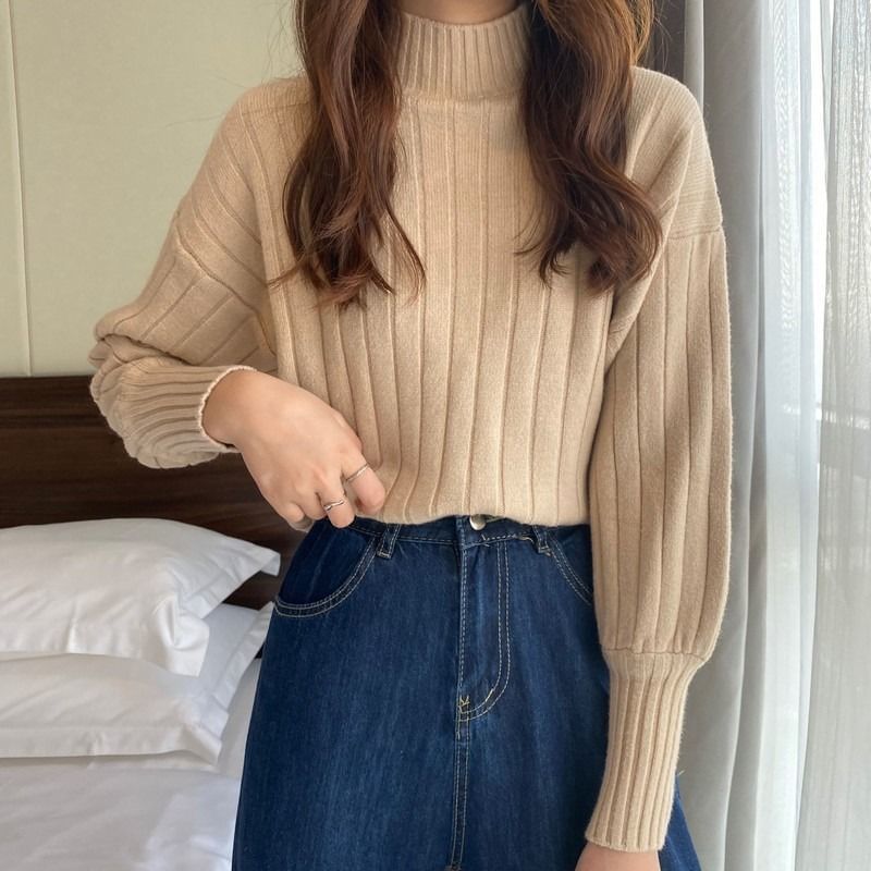 Sweater Plain Ribbed Mock Neck
