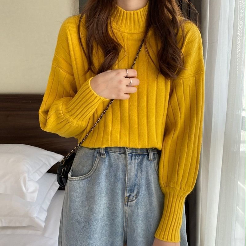 Sweater Plain Ribbed Mock Neck