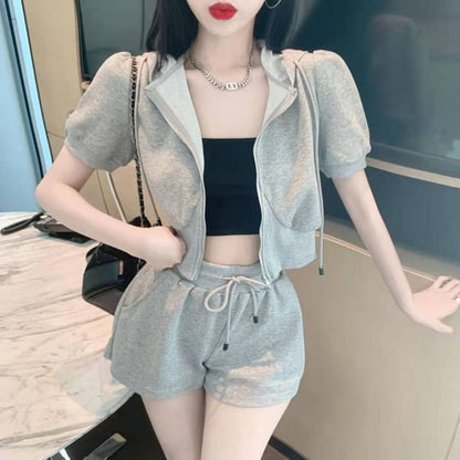 Hoodie Zip Shorts Set: Plain Short-Sleeve Waist Sweat Drawstring +