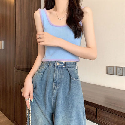 Contrast Crop Top Neck Scoop Trim Knit