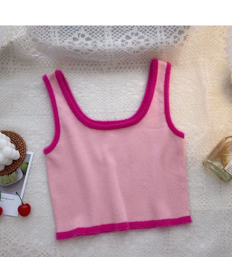 Contrast Crop Top Neck Scoop Trim Knit