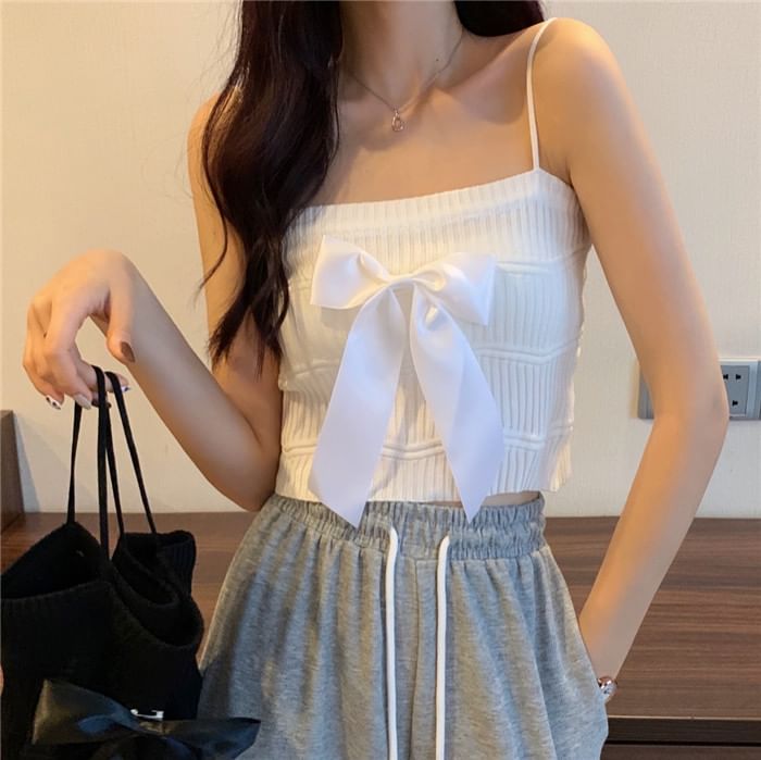 Top Camisole Bow Ribbed Knit Plain