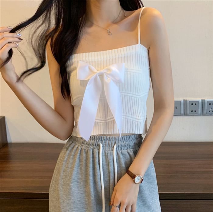 Top Camisole Bow Ribbed Knit Plain